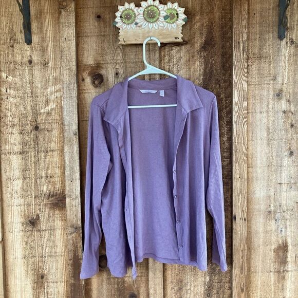 AnyBody Cozy Knit Collared Rib Button Front Long Sleeve Purple Top/Blouse - Picture 2 of 8